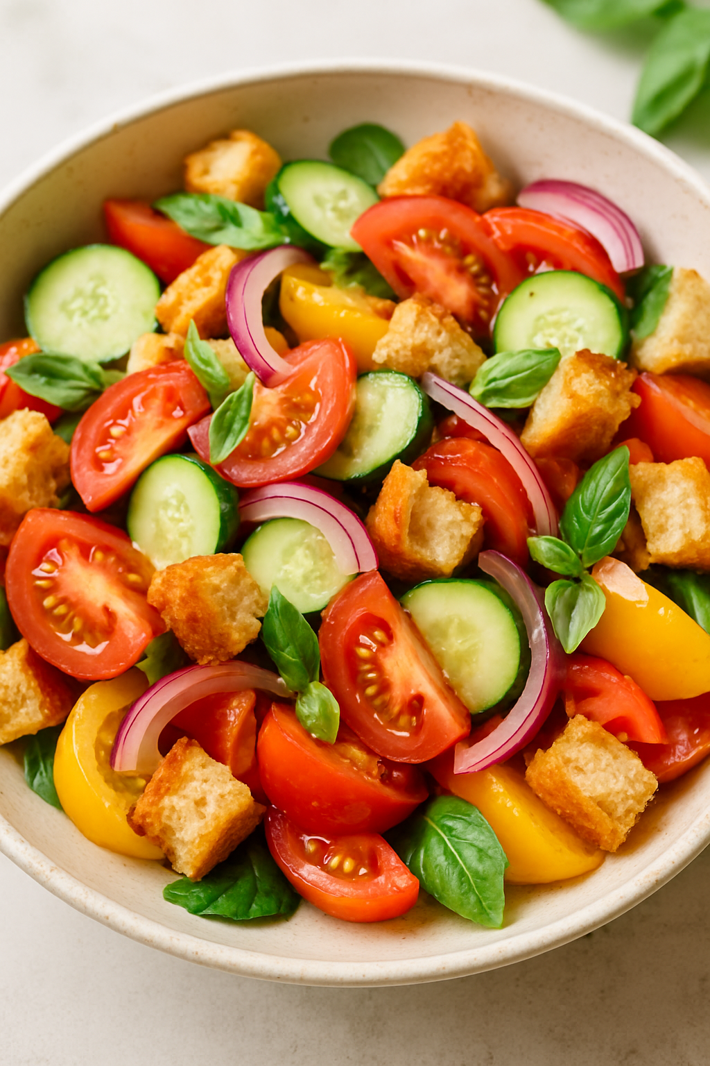 Panzanella salad with tomatoes, cucumbers, and bread